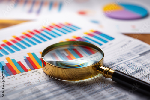 Analyzing and gathering statistical data. Growth charts. Many business reports and magnifying glass