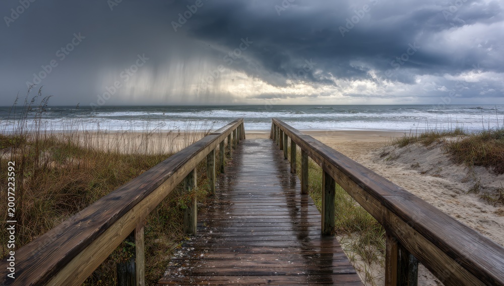 Obraz premium Wooden Boardwalk Leads to Stormy Beach with Dramatic Clouds.