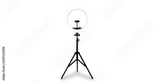 A professional LED ring light kit featuring a glowing circular lamp mounted on a sturdy, adjustable black tripod stand, isolated on a clean white background. 