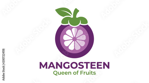 Foto A unique logo design celebrating the mangosteen fruit, adorned with a royal purple hue and lush green leaves, symbolizing its nickname as the 'Queen of Fruits' in vibrant style