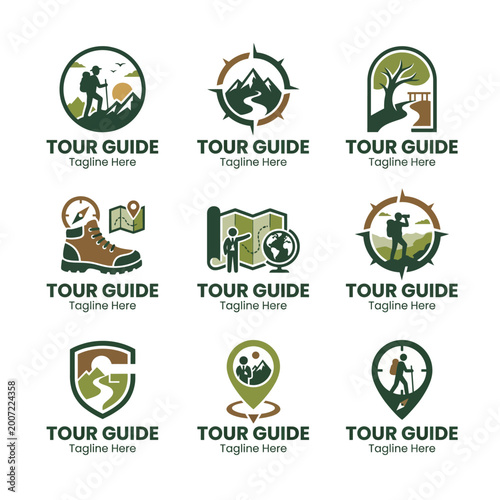 Canvas Print This collection of tour guide logos features landscapes and outdoor elements, perfect for travel companies and adventure tour operators seeking vibrant branding
