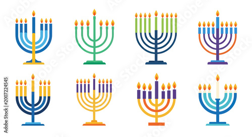 Bild auf Leinwand Colorful Menorahs with Lit Candles.