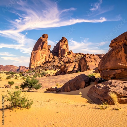 Desert landscape with large rock formations and sparse vegetation