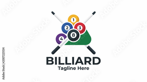Foto A dynamic billiard logo featuring colorful pool balls, cue sticks, and a triangle rack, ideal for promoting pool halls or billiards-related businesses with style