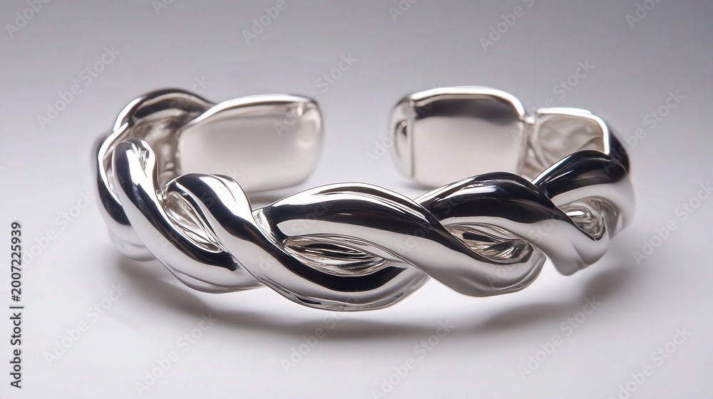 Fototapeta premium Elegant sterling silver bangle bracelet showcasing intricate braided interwoven design with polished reflective surface under soft studio lighting on a clean neutral background
