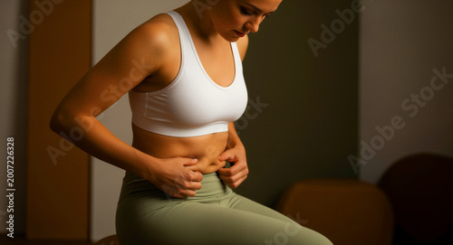 Woman in fitness wear pinching stomach fat while sitting. Female athlete checking her body composition and belly area. Body positivity and weight loss concept for health and nutrition marketing.