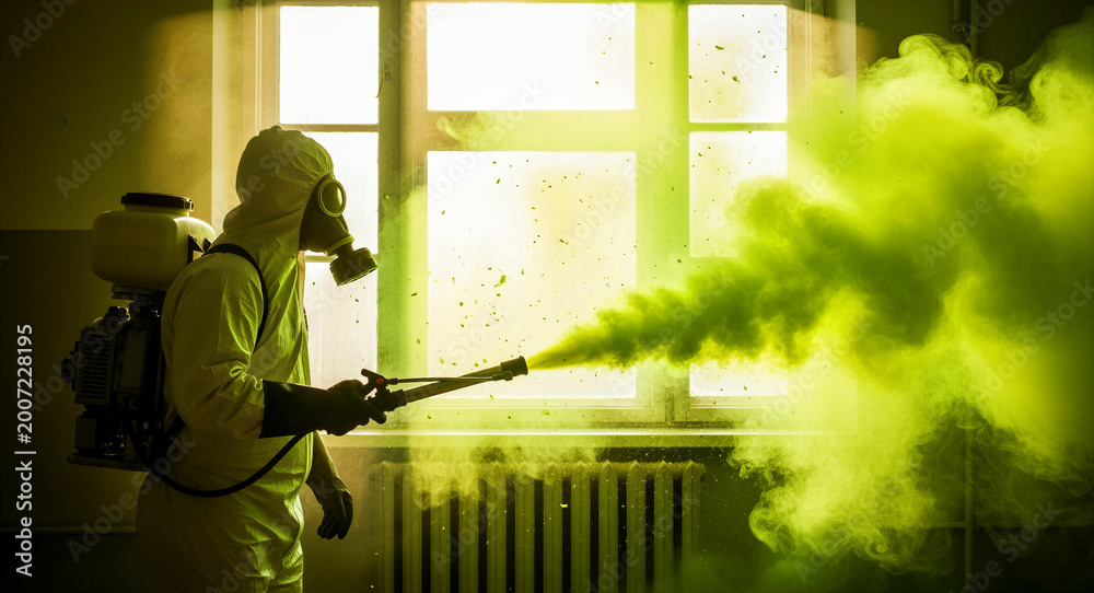 Naklejka premium Person in hazmat suit and gas mask spraying toxic green smoke indoors. Specialist in protective gear performing chemical decontamination. Industrial safety concept for disaster response.