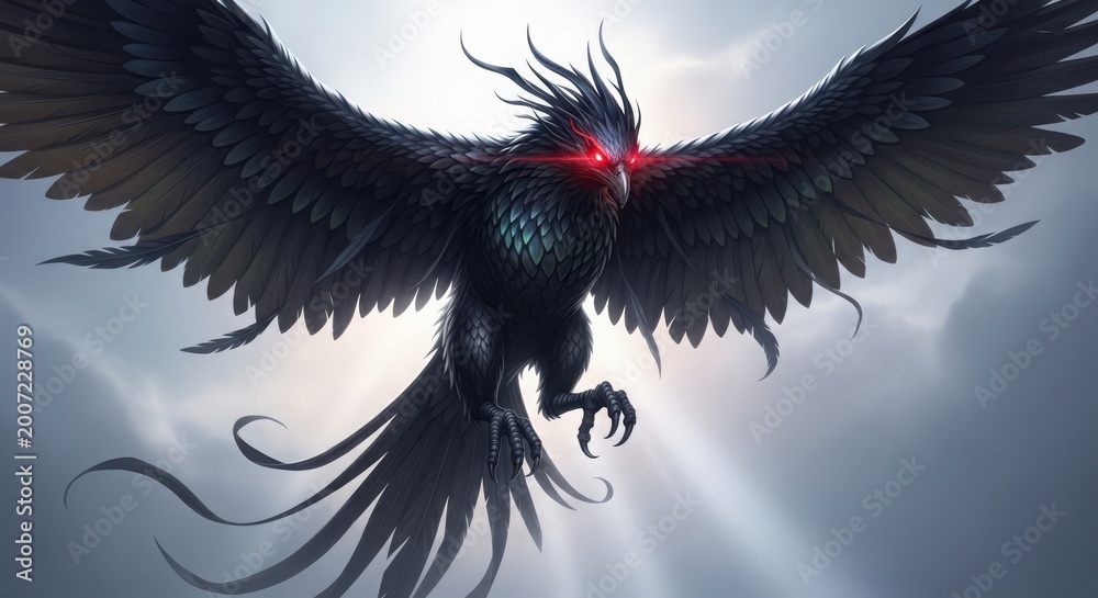 Fototapeta premium Mythical dark raven with glowing red eyes flying in stormy sky, fantasy creature concept illustration
