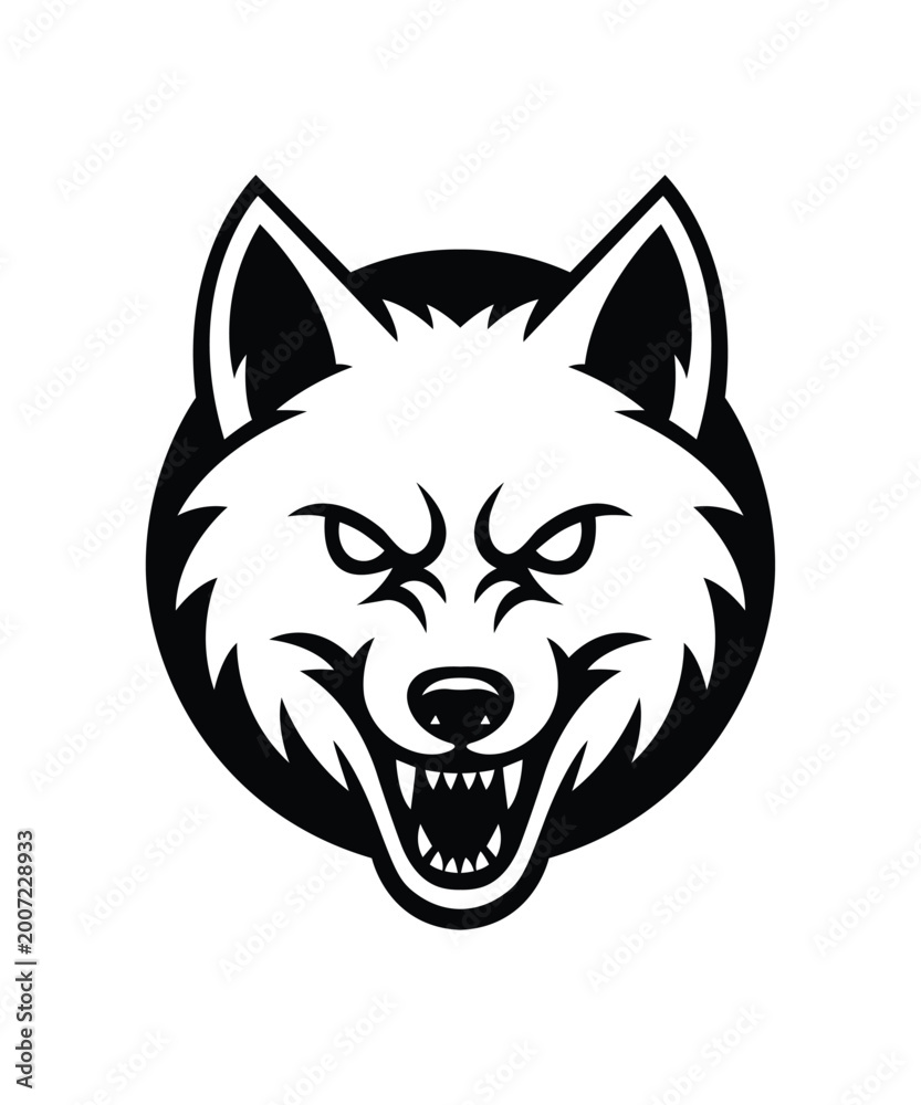 Fototapeta premium Fierce Wolf Head Logo Vector, Aggressive Animal Mascot Black and White Icon