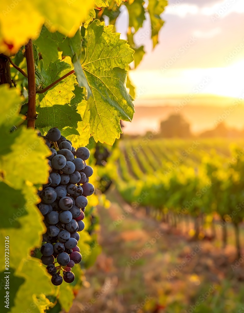 Fototapeta premium A serene vineyard at sunset with lush grapes