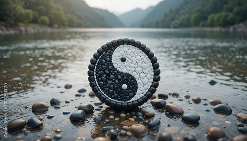 Yin Yang Symbol Made with Stones by Water – Balance and Harmony Concept
