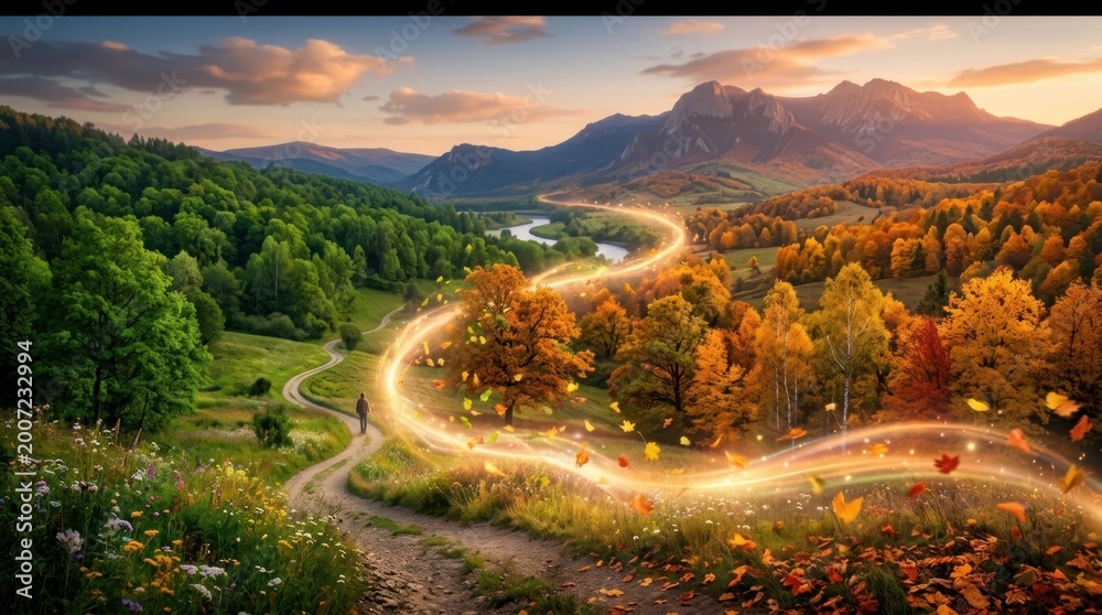 Fototapeta premium A breathtaking panoramic view showcases a winding road cutting through a vibrant autumn landscape.