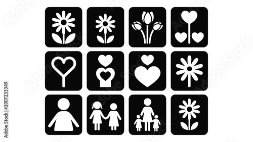 Fotografie Set of white silhouette icons representing love family and nature on black backg