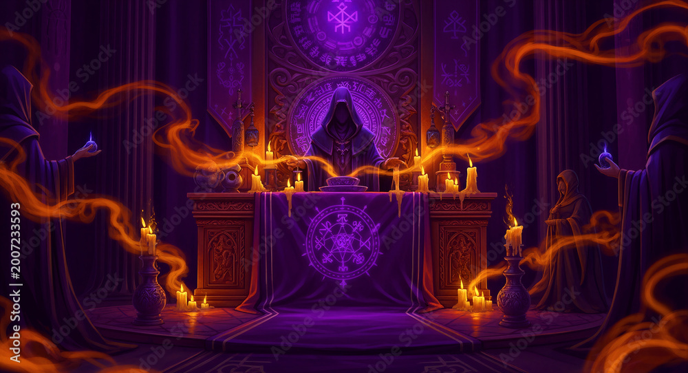 Obraz premium Hooded sorcerers performing a mystical ritual at a runic altar. Glowing energy flows through a dark temple with candles and purple light. Occult magic concept for dark fantasy and horror.