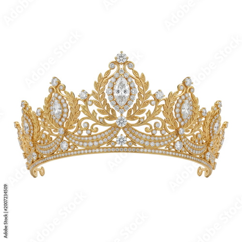 Exquisite gold tiara adorned with sparkling diamonds and intricate floral motifs
