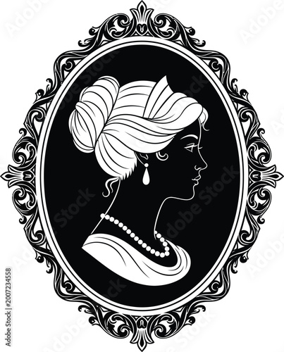 Decorative victorian style oval cameo frame with a black and white silhouette of a woman in profile featuring a classic bun and elegant posture for antique design silhouette decorative illustration