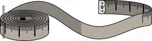 A gray and black flexible tape measure, partially unrolled, showing measurement markings and a metal end.