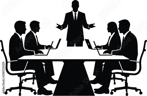 Foto Business meeting silhouette with team discussion and leadership presentation
