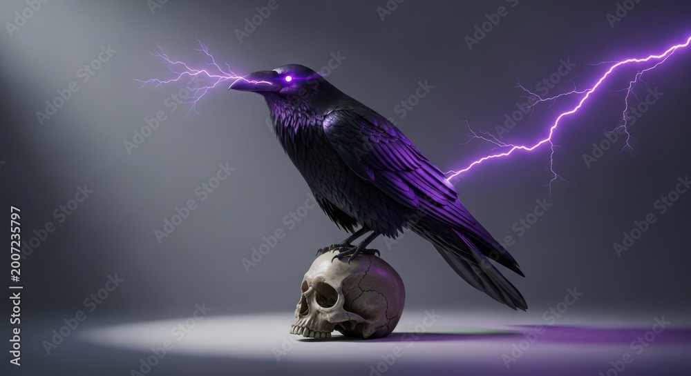 Obraz premium black crow perched on skull with purple lightning storm in dramatic dark background