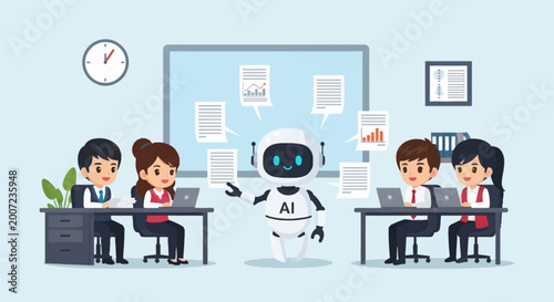 Vector illustration of a diverse team of chibi office workers collaborating with a white AI robot assistant showing data charts and documents in a modern professional office setting.