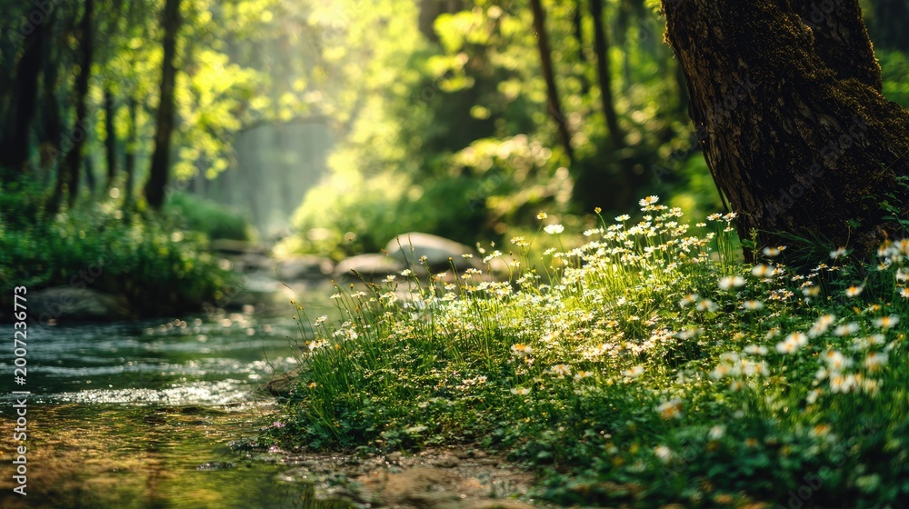 Fototapeta premium Serene forest stream bathed in warm, dappled sunlight