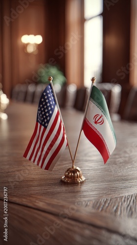 Iranian and American flags on conference table in diplomatic setting