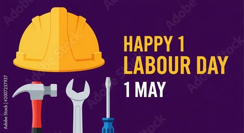 Labour Day graphic with tools and hard hat on purple background