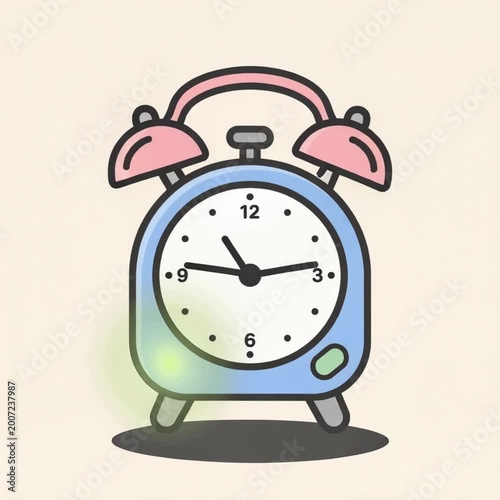 A pastel-colored cartoon-style illustration of an alarm clock with pink bells and blue body set to 300 on a beige background with subtle green glow effects and drop shadow