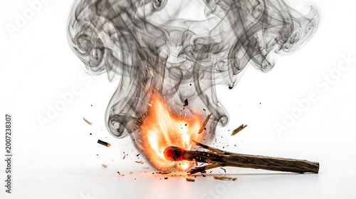 Dynamic ignition of a wooden matchstick with intense orange flames, swirling dark smoke, and flying sparks on a bright white background