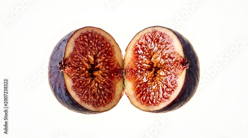 Fresh ripe fig sliced in half revealing a vibrant juicy red interior on a minimalist white background