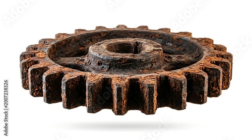 Massive weathered industrial gear with deep orange rust texture isolated on white, symbolizing mechanical failure and the passage of time