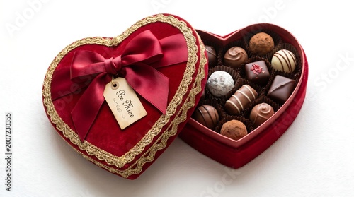 Luxurious red velvet heart shaped box of gourmet chocolate truffles with a romantic Be Mine tag and satin bow for Valentine's Day