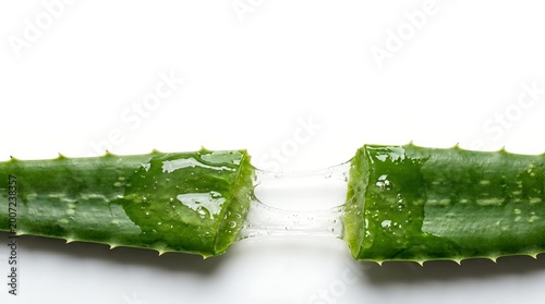 Fresh sliced green aloe vera leaf showing transparent stretching gel on a clean white background for natural skin care and wellness