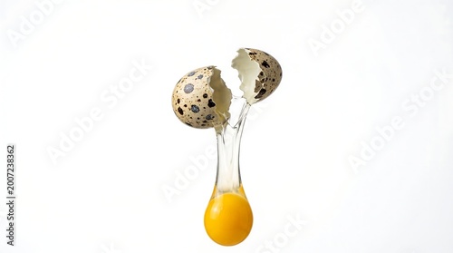 Fresh speckled quail egg cracked open with golden yolk falling in mid-air against a clean white background, capturing culinary vitality