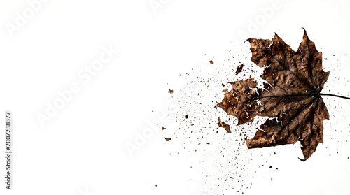 Fragile dry maple leaf shattering into dust on white background with copy space, symbolizing decay and the transient beauty of nature