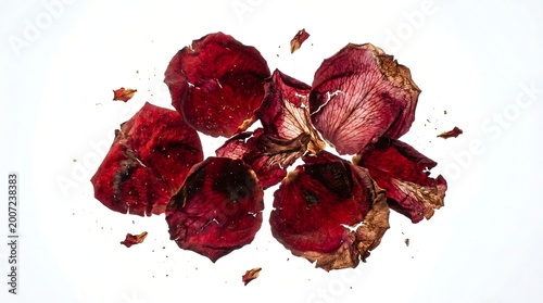 Fragile withered red rose petals with intricate textures and translucent veins on a bright white background evoke a sense of melancholic elegance