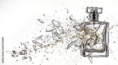 Elegant glass perfume bottle exploding with dramatic liquid splash and sharp shards on a clean white background