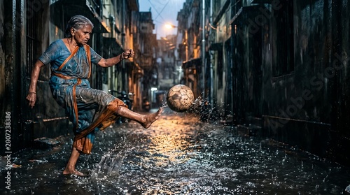 Determined elderly Indian woman in traditional sari kicking a soccer ball through dark rainy alleyway with cinematic warm lighting