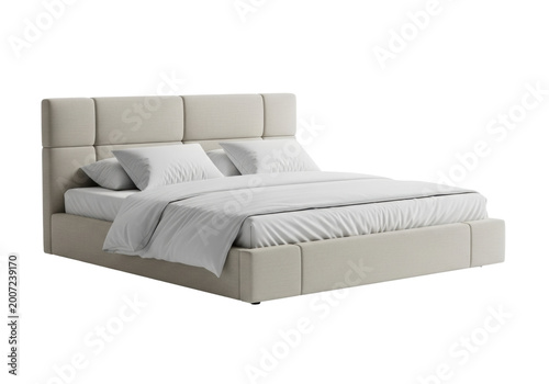 ultra-photorealistic commercial shot of an empty king bed with light beige textured linen headboard and crisp white percale sheets, zero shadows. concept of serene tranquil comfort