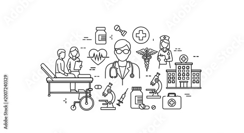 Medical and healthcare icons set with doctor, nurse, hospital, and medical equipment