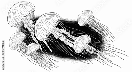 Group of jellyfish swimming in the ocean, black and white line art illustration