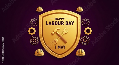 Labour Day shield with tools and hard hats on dark background