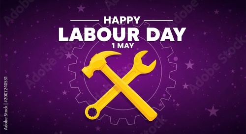Happy Labour Day greeting with crossed hammer and wrench on purple background