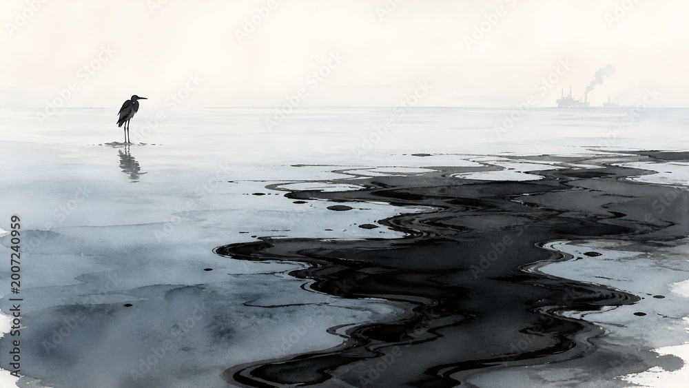 Fototapeta premium Minimal Polluted Shoreline with Black Oil Slick and Small Bird Silhouette