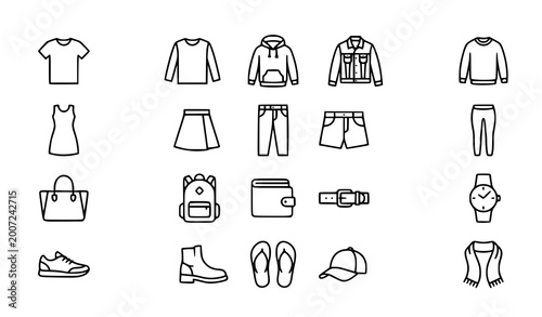 Bild auf Leinwand Modern clothes accessories line icon set fashion vector design editable stroke