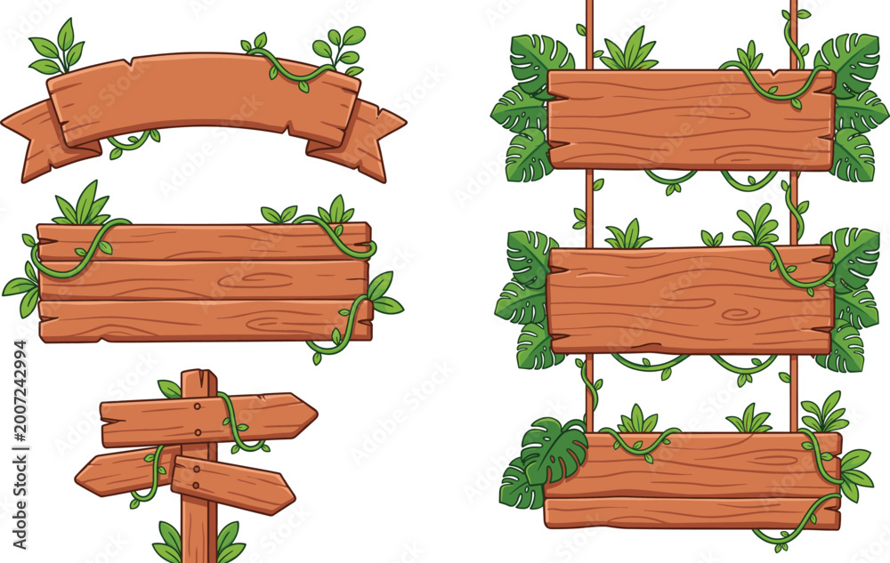 Fototapeta premium Cartoon wooden signboard set with tropical leaves vines blank boards and rustic jungle direction signs