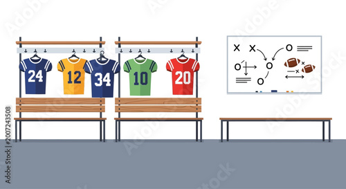 Schilderij op canvas Football Team Locker Room with Jerseys and Playbook Whiteboard.