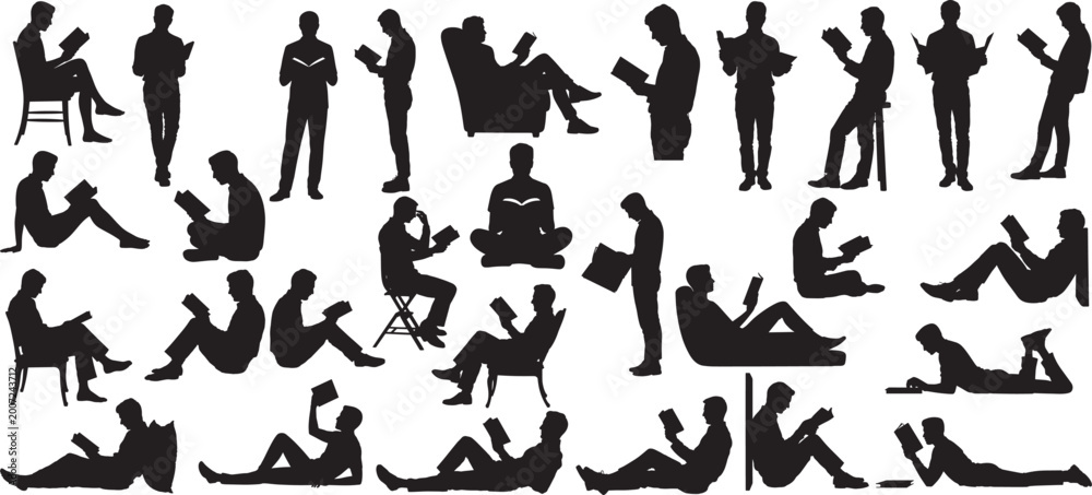Fototapeta premium silhouettes people reading a books in various poses, including sitting, standing, and lying down, vector