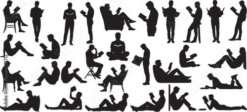 Photos silhouettes people reading a books in various poses, including sitting, standing