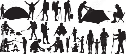 Camping and hiking activities silhouette set, people setting up tents, cooking over campfires, and walking with backpacks and hiking poles. vector illustration